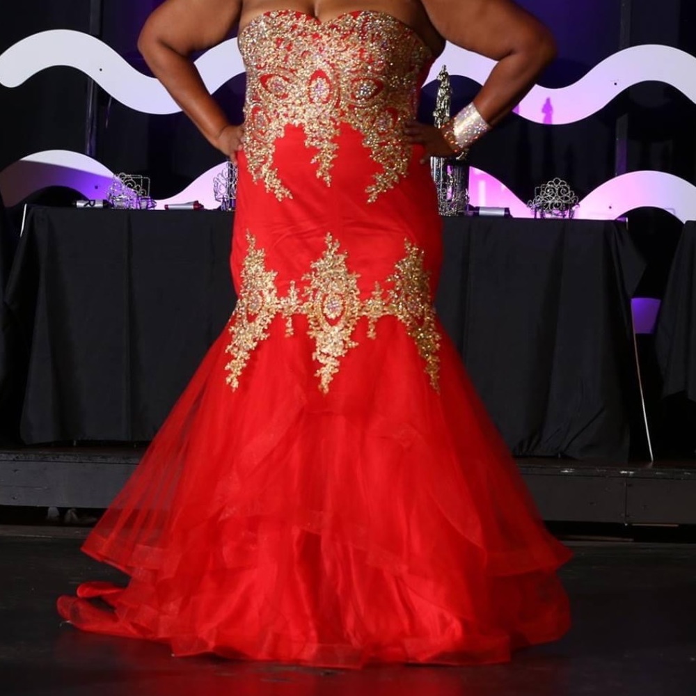 Prom/Pageant gown with train available. Red with gold  appliqué